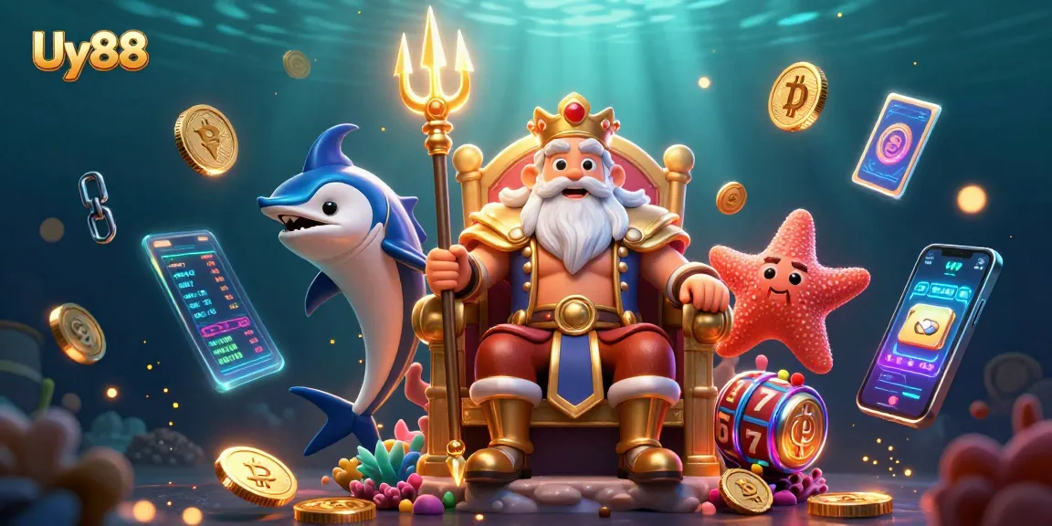 Bet big with Uy88 at the vibrant casino experience featuring Neptune's kingdom, vibrant game elements, and a luxurious underwater backdrop.