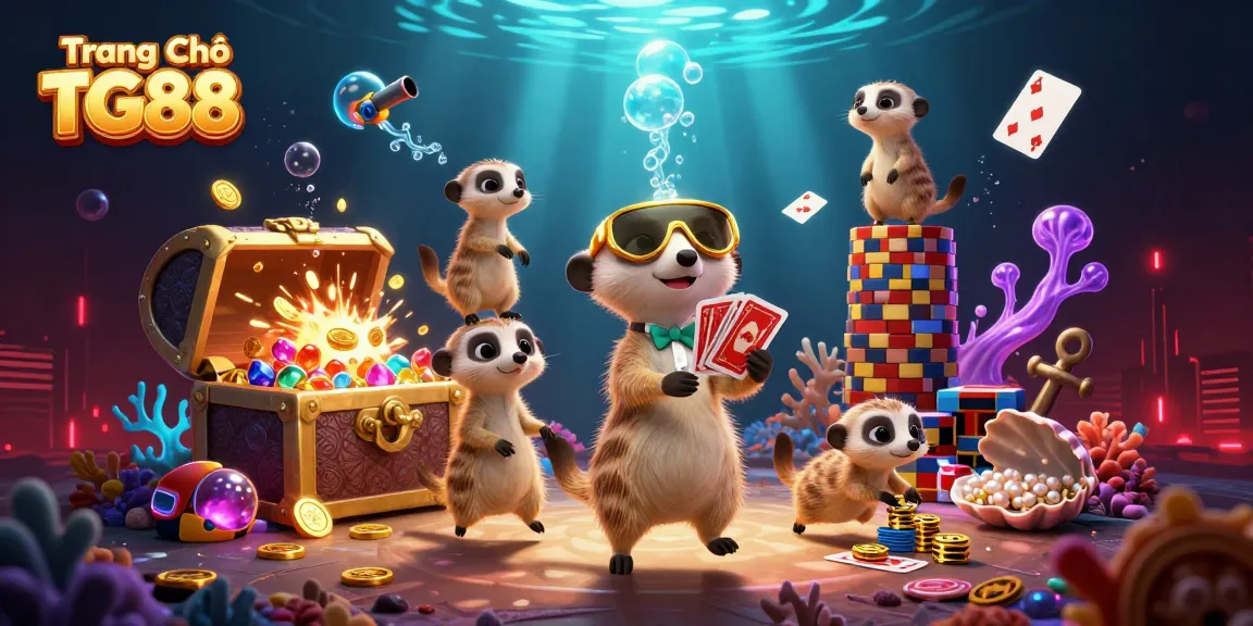 Experience the thrilling action at Trang Chủ TG88 with meerkats managing an underwater casino, showcasing vibrant games and treasure.