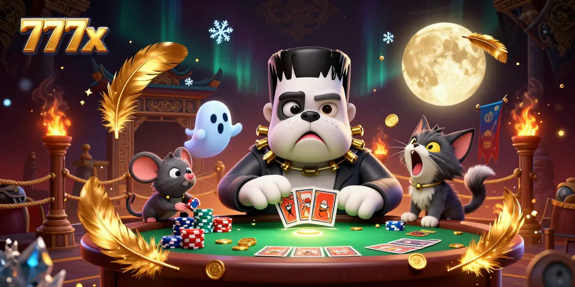 Engage with exciting 777x gaming action at a spooky casino table with unique characters.