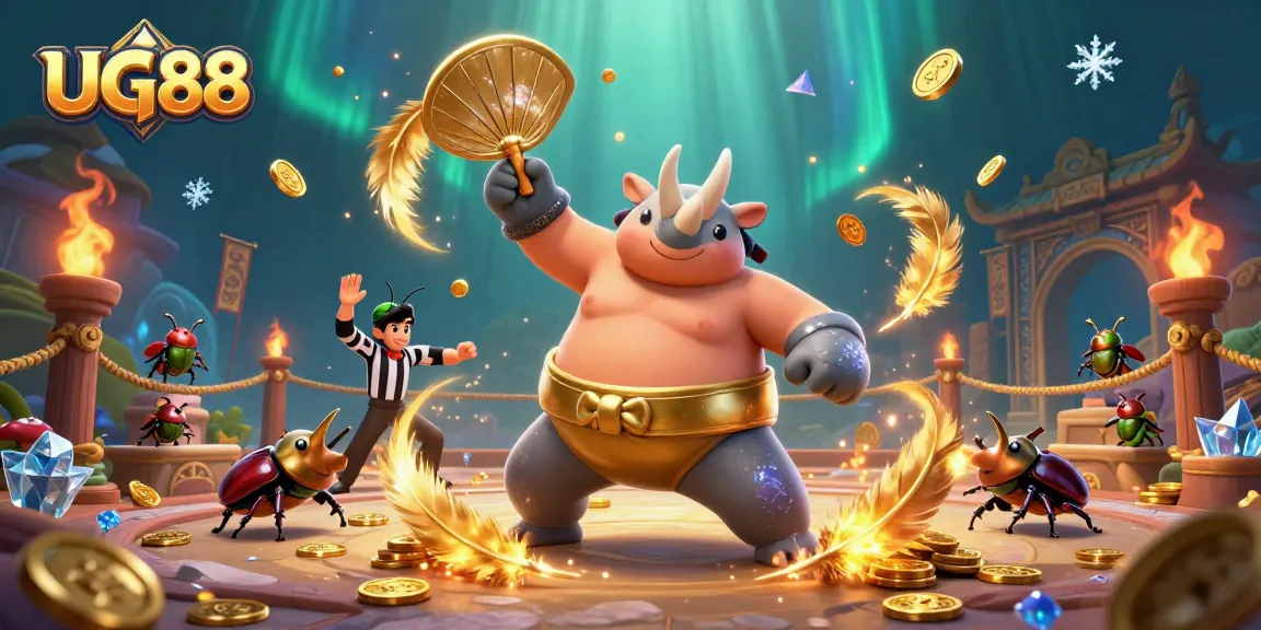 Experience thrilling gameplay at UG88 with a dynamic scene of a sumo beetle champion amidst flying coins