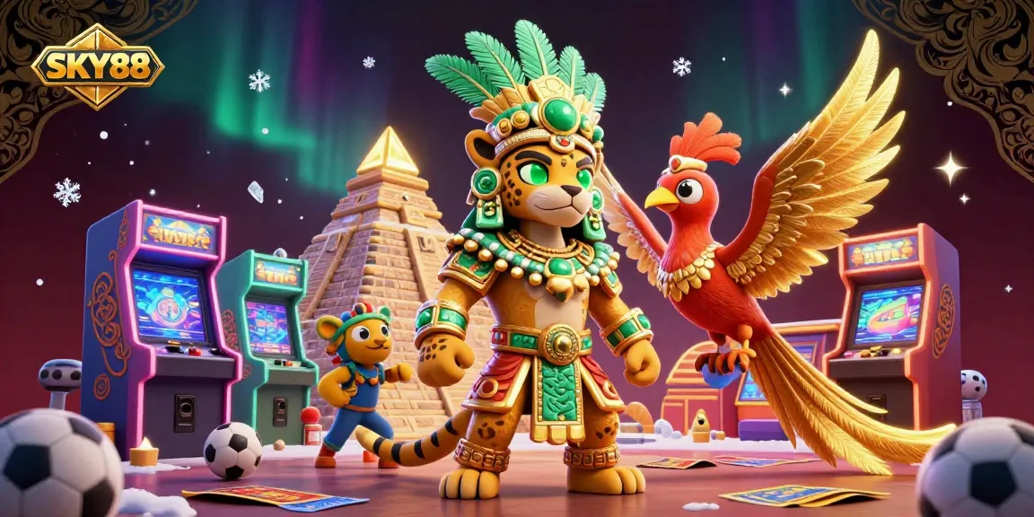 Experience thrilling sports betting excitement with SKY88 featuring a Mayan jaguar and a quetzal bird in a rich casino scene.