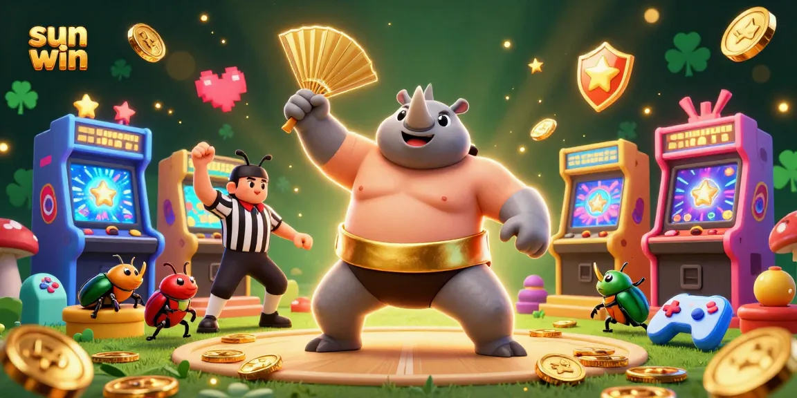 Join the sun win gambling scene with vibrant characters, flying coins, and lively arcade elements!