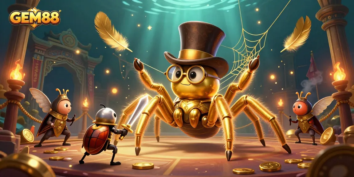 Experience the thrill of GEM88 with a vibrant scene featuring a majestic golden tarantula and beetle knight in a dynamic casino setting.