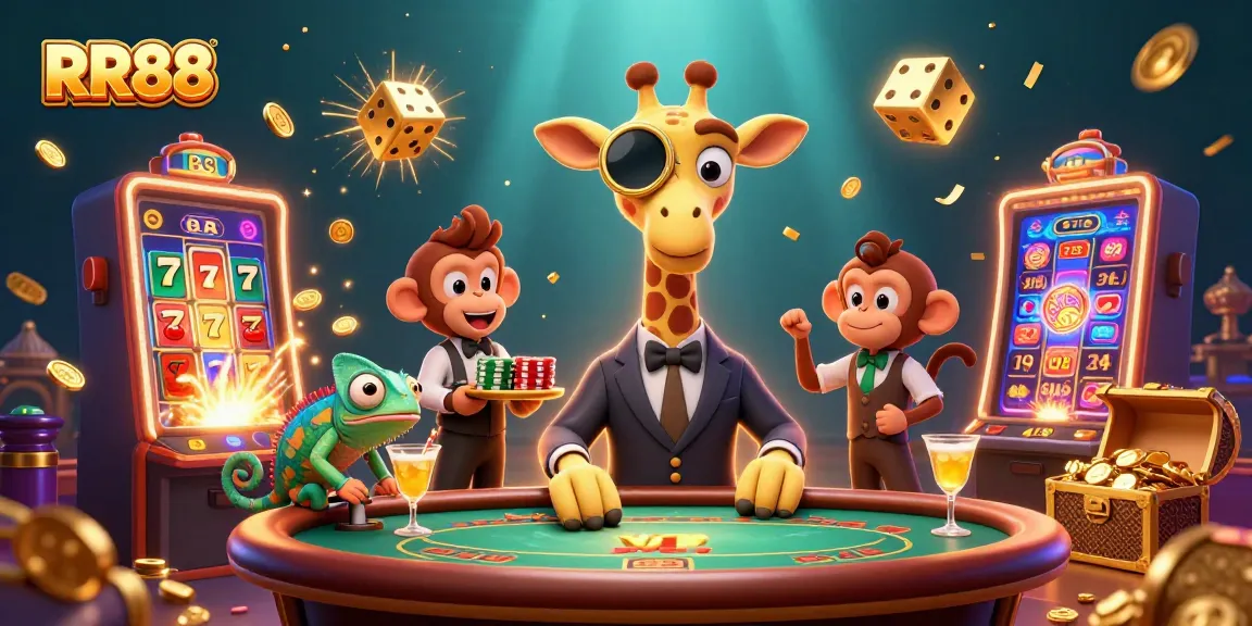 Experience RR88 as the high-roller giraffe revels at a vibrant casino scene, mixing fun and strategy.