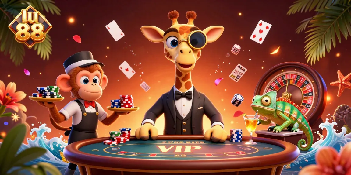 Engage with lu 88 featuring a high-roller giraffe in luxury gaming, lively casino elements.