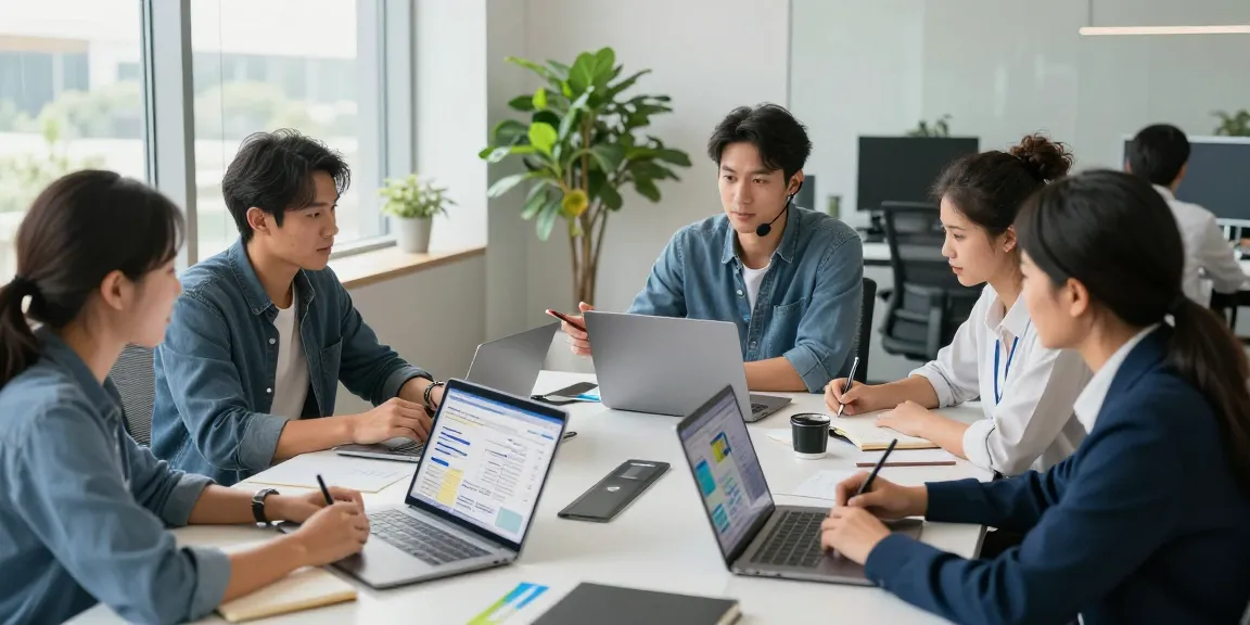 Collaboration in a modern office discussing my o2 business login solutions, vibrant teamwork atmosphere.