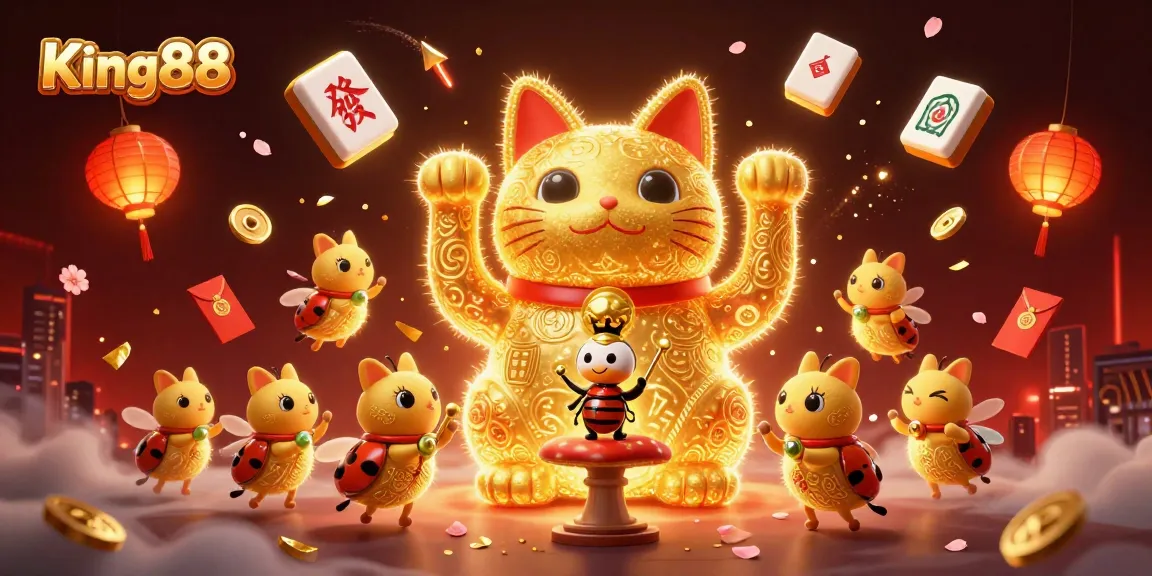 Bet on King88 with this colorful illustration showcasing a lucky cat, casino symbols, and festive elements.
