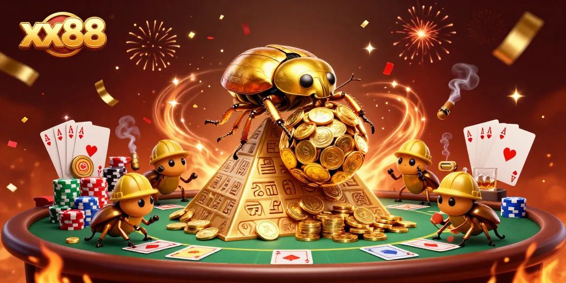 Engage with xx88 as the golden beetle navigates a dynamic casino scene filled with poker elements.