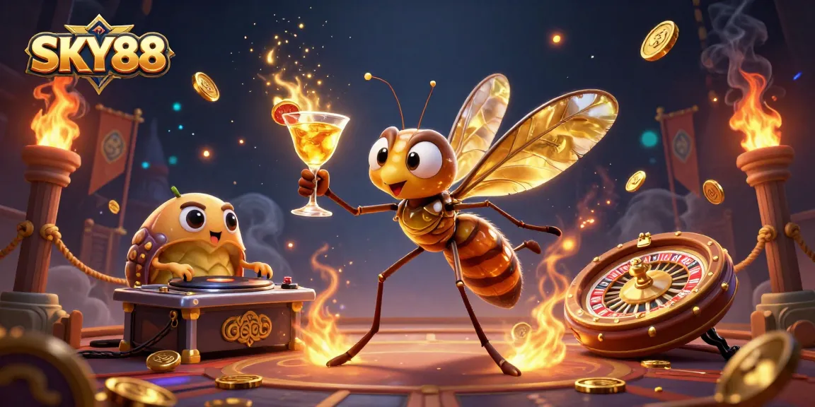 Engage with SKY88 as a vibrant casino scene showcases a mosquito mascot, trilobite DJ, and golden roulette wheel.