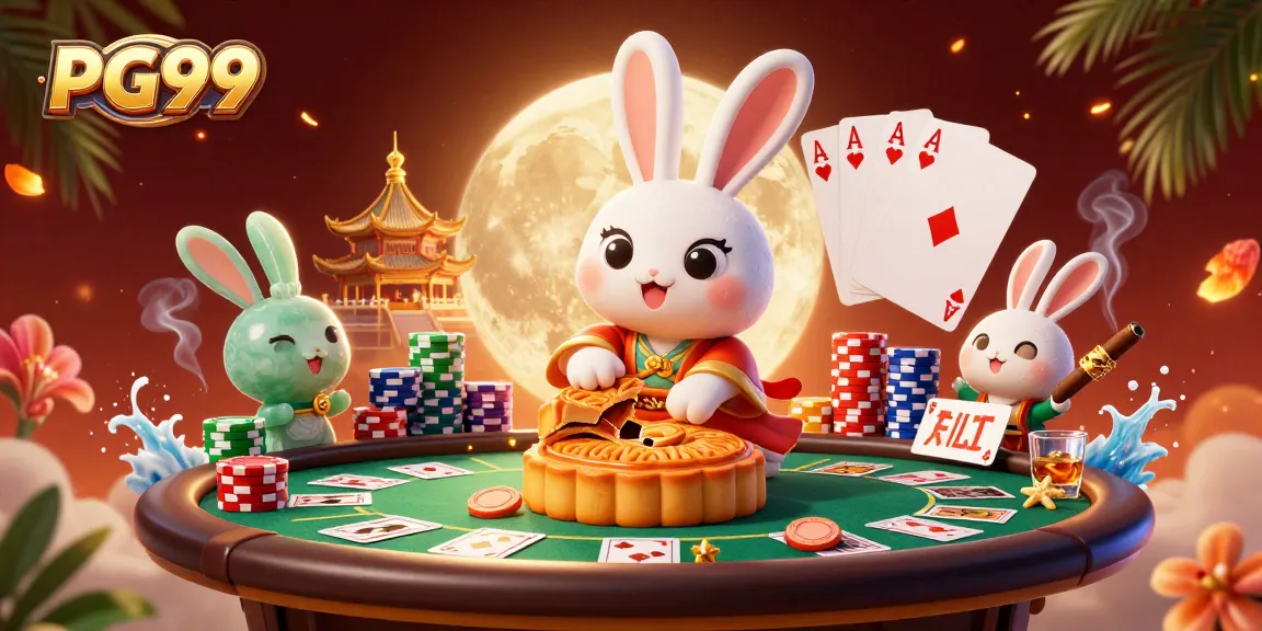 Experience gaming excitement at PG99 with a cartoon moon rabbit celebrating and revealing poker chips.