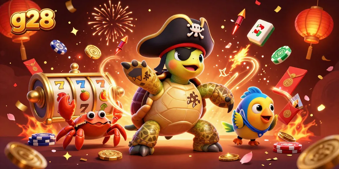 Join the g28 casino with a vibrant pirate turtle and friends celebrating jackpots and wins!