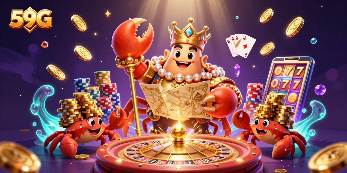 Engage in thrilling gameplay at 59G, featuring a golden crab emperor amidst sparkling gems and casino elements.