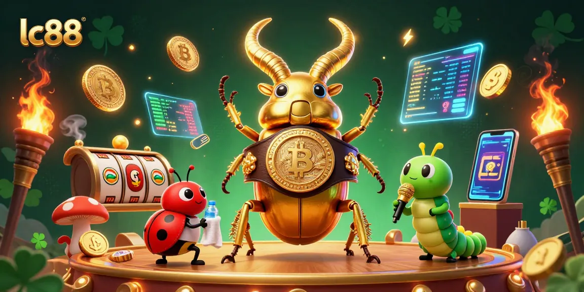 Experience exciting gaming at lc88 with a giant golden stag beetle and vibrant crypto elements.