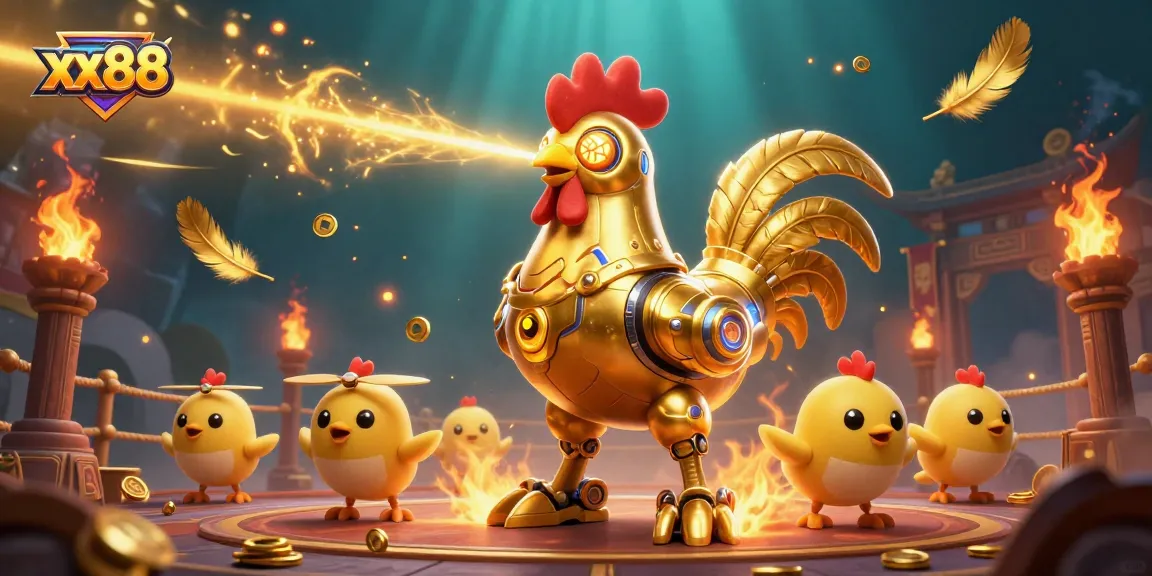 Engage in thrilling betting at xx88 with a dynamic 3D illustration showcasing a golden rooster robot surrounded by stunning casino elements.