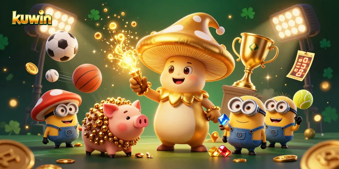 Kuwin captivates bettors with a magical scene featuring a golden mushroom wizard and treasure, amid dynamic sports symbols.