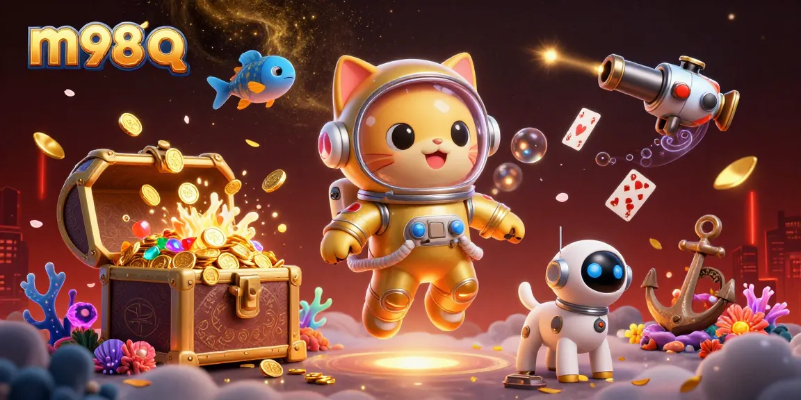 Win big with m98 q in this vibrant casino-themed 3D scene, featuring playful characters and dynamic gaming elements.