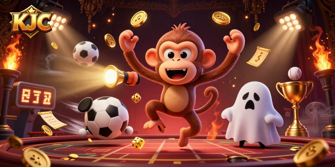 KJC showcases a playful ghost-hunter puppy chasing a mischievous invisible monkey in a thrilling casino scene.