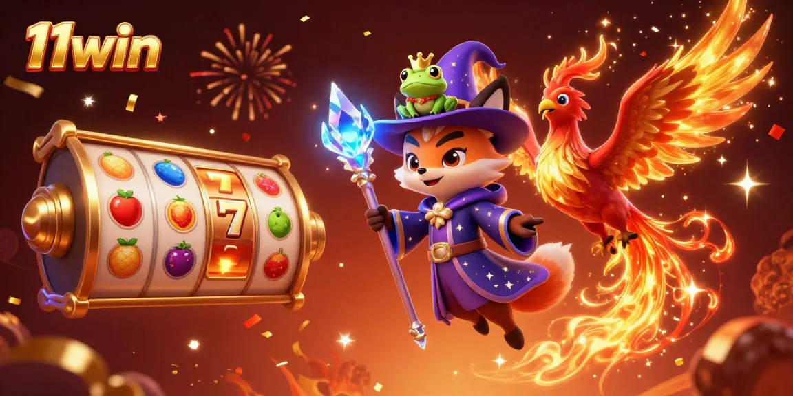 Spin the reels with 11win in this vibrant casino scene featuring a wizard fox and phoenix.