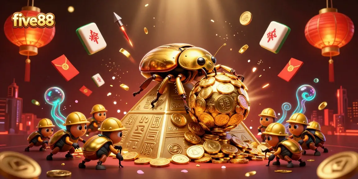 Experience the thrill of five88 casino with golden coins, beetles, and festive decor.