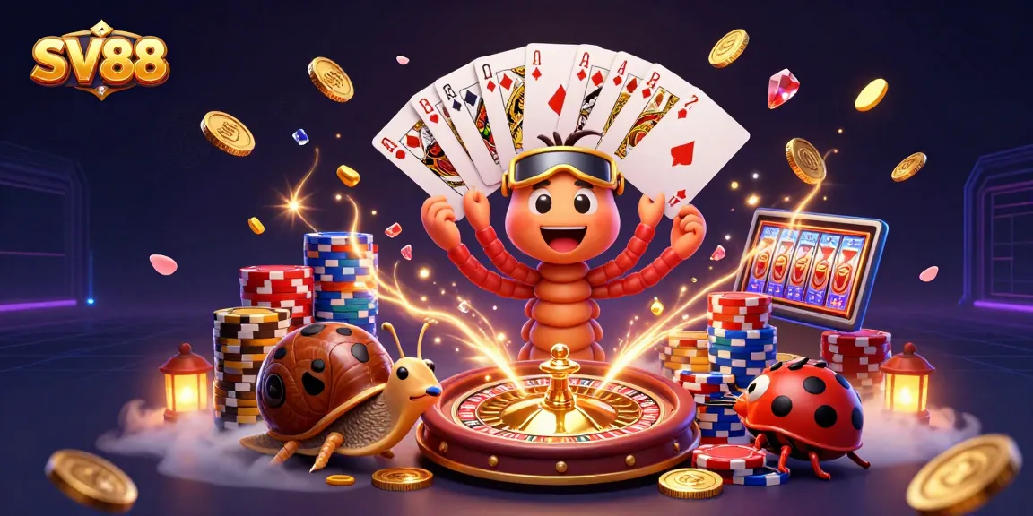 SV88 conveys excitement with a millipede dealer and high-roller in a vibrant casino scene.