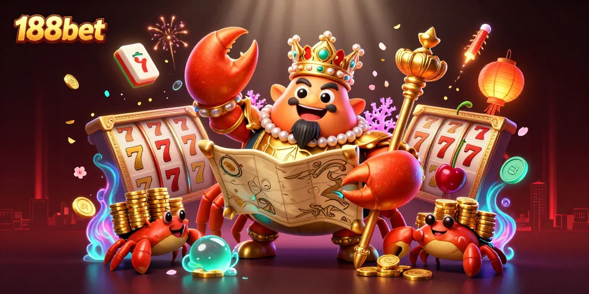 Engage with 188bet's vibrant slots scene showcasing an emperor crab and gold chips amidst festive elements.