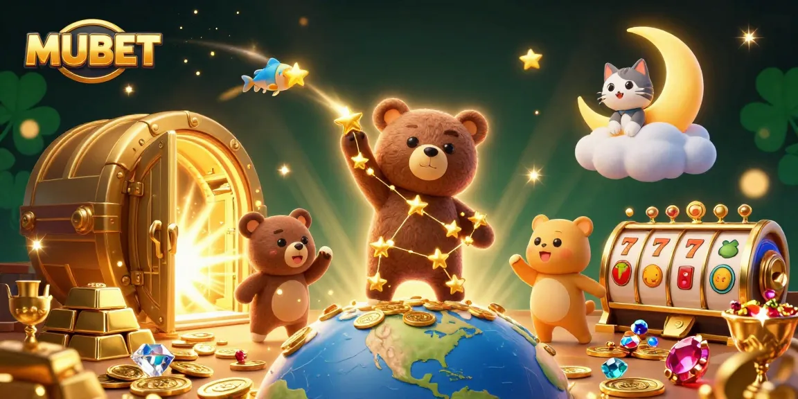 MUBET showcases a vibrant 3D scene with a constellation bear collecting coins, enhancing the thrill of gambling.