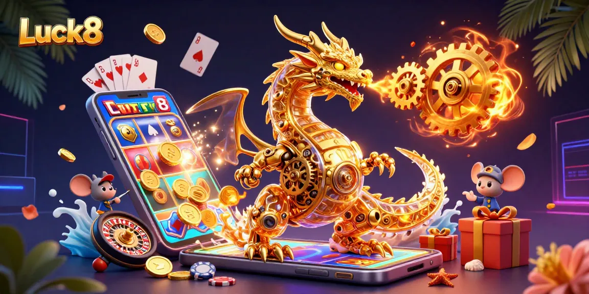 Luck8 players spin reels and win with golden dragon in a vibrant casino scene, rich with engaging details.