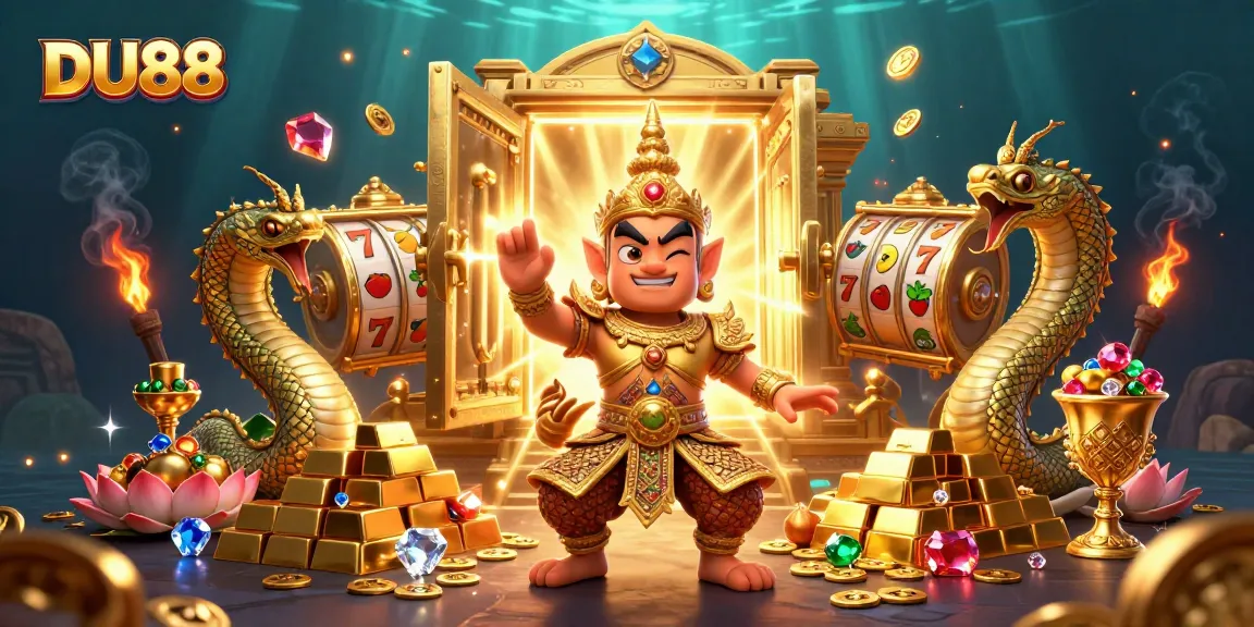 Experience the excitement of DU88 slots with golden treasures and vivid characters in a vibrant casino scene.