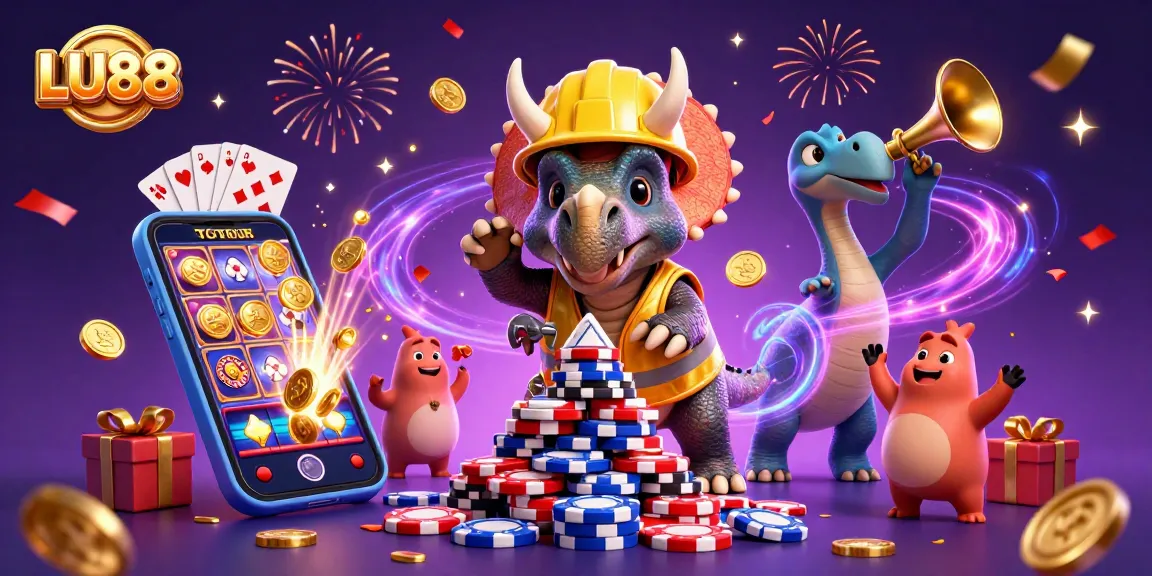LU88's fun casino theme with a triceratops and friends celebrating amid poker chips and gaming elements.