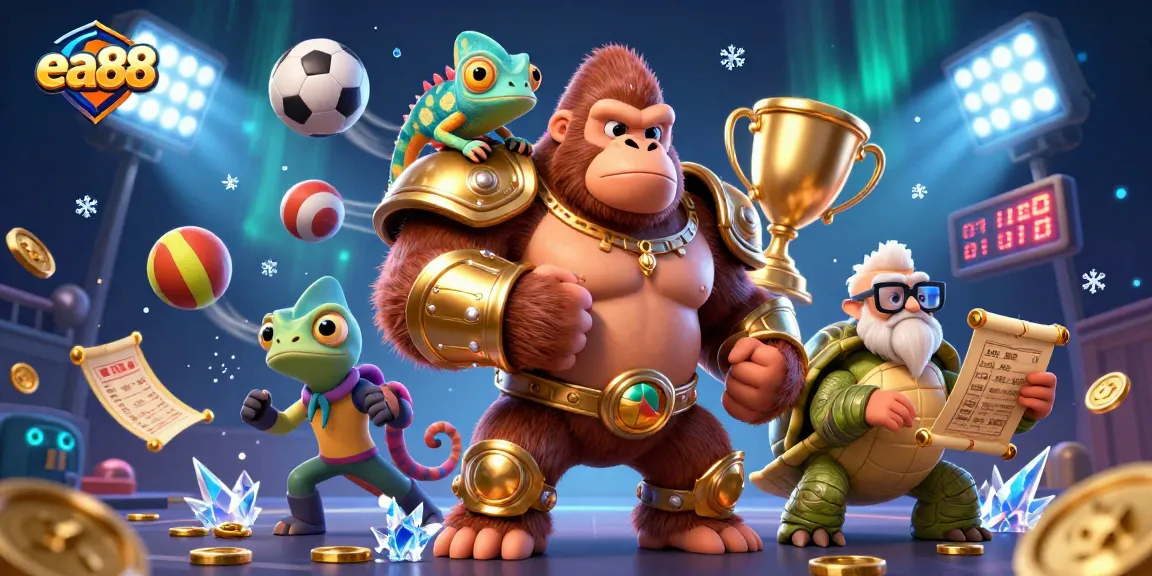 ea88 gorilla king and friends celebrate sports betting with trophies and thrilling action