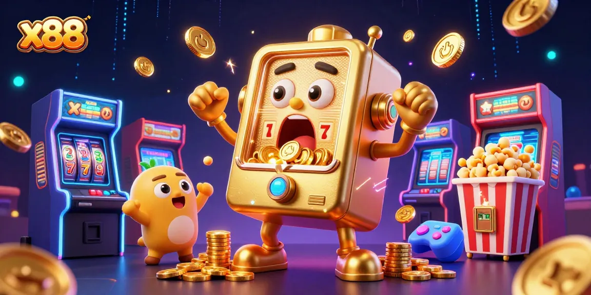 x88 slot machines celebrate jackpots with dazzling coins and game elements in a vibrant casino scene.