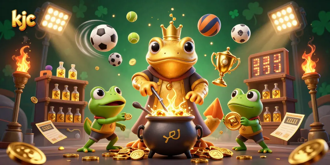Engage with kjc's dynamic gaming scene featuring a golden salamander alchemist, bubbling cauldron, and sports elements.