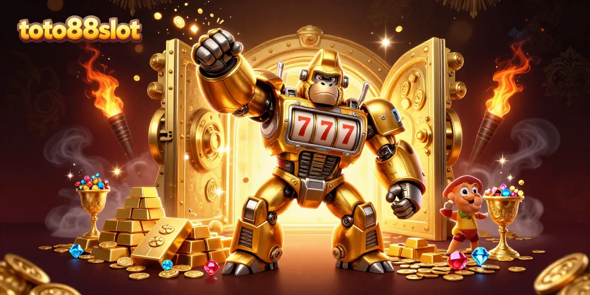 Play exciting games at toto88slot with a vibrant 3D illustration showcasing golden gorilla mech and jackpot elements.