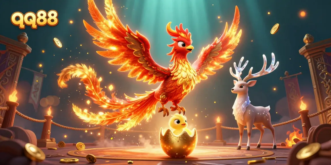 Bet on qq88 and immerse in a vibrant 3D casino world with a phoenix and mystical stag.