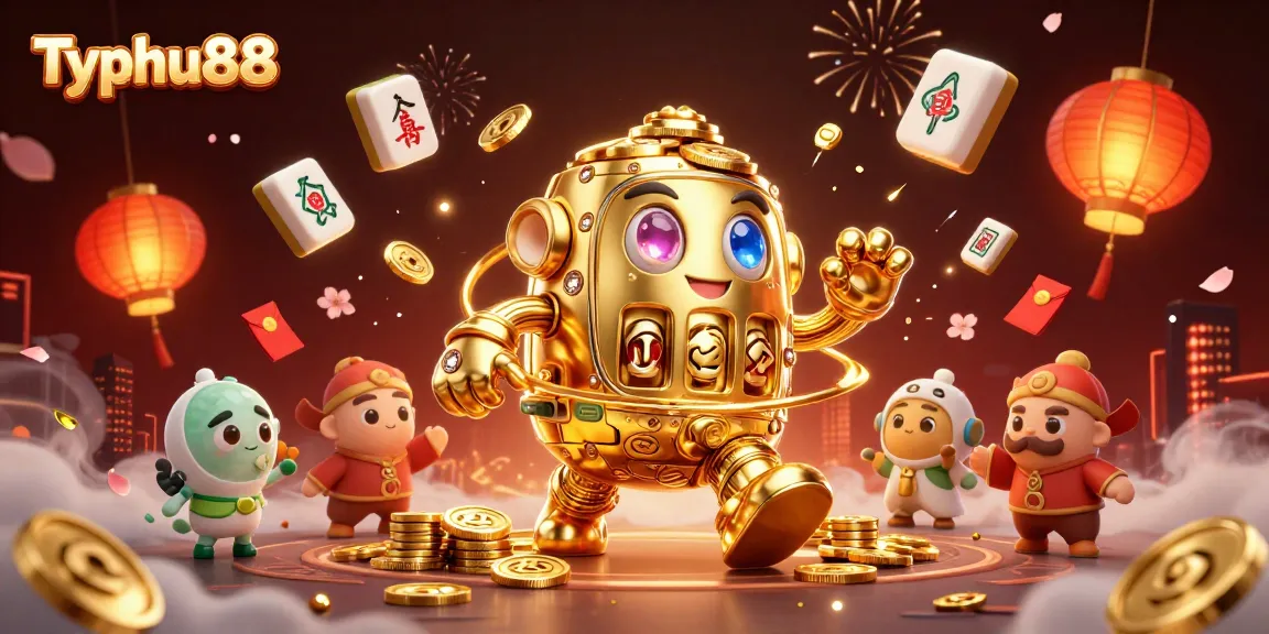 Engage with Typhu88 through a vibrant, energetic illustration showcasing a golden golem and festive casino elements.
