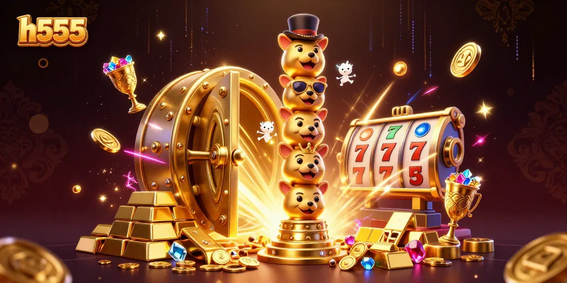 Experience winning in h555 with a vibrant scene showcasing golden treasures and animated casino elements.