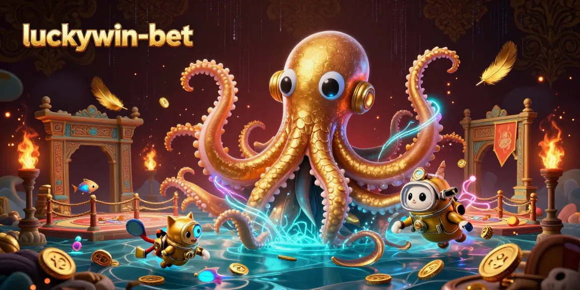 Experience epic wins at luckywin-bet with a vibrant kraken and diving cat in this dynamic casino scene.