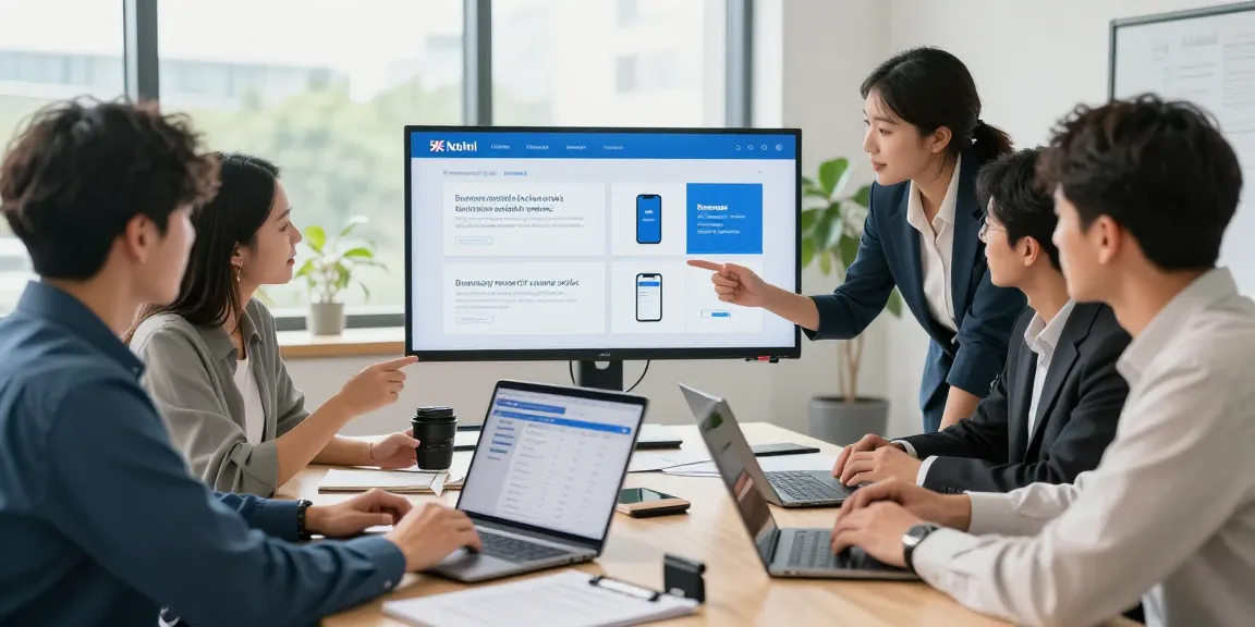 Team discussing business mobile deals UK in a bright office environment with computers and documents.