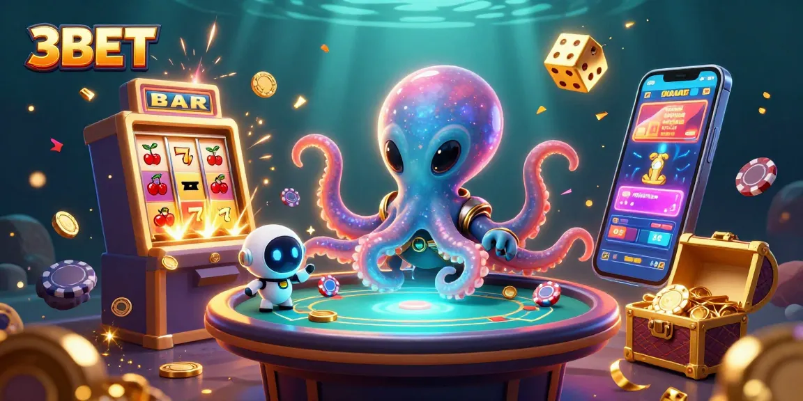 3BET's vibrant gaming scene showcases a fun alien octopus managing a poker table amidst fantastic slot machines and golden casino treasures.