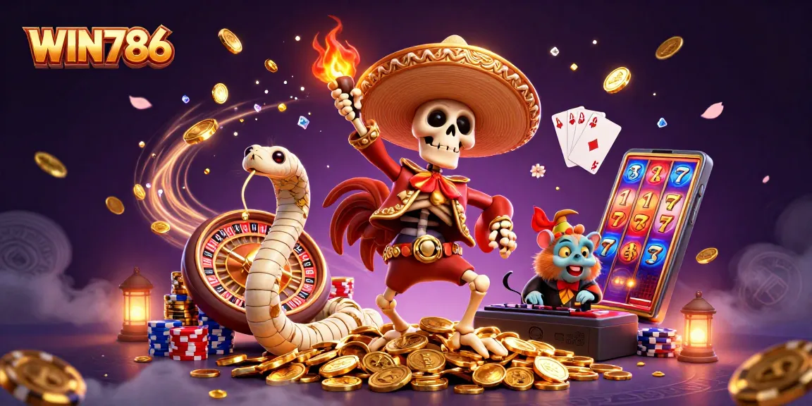 WIN786 celebrates wins with vibrant characters immersed in casino excitement, showcasing golden coins and festive gaming
