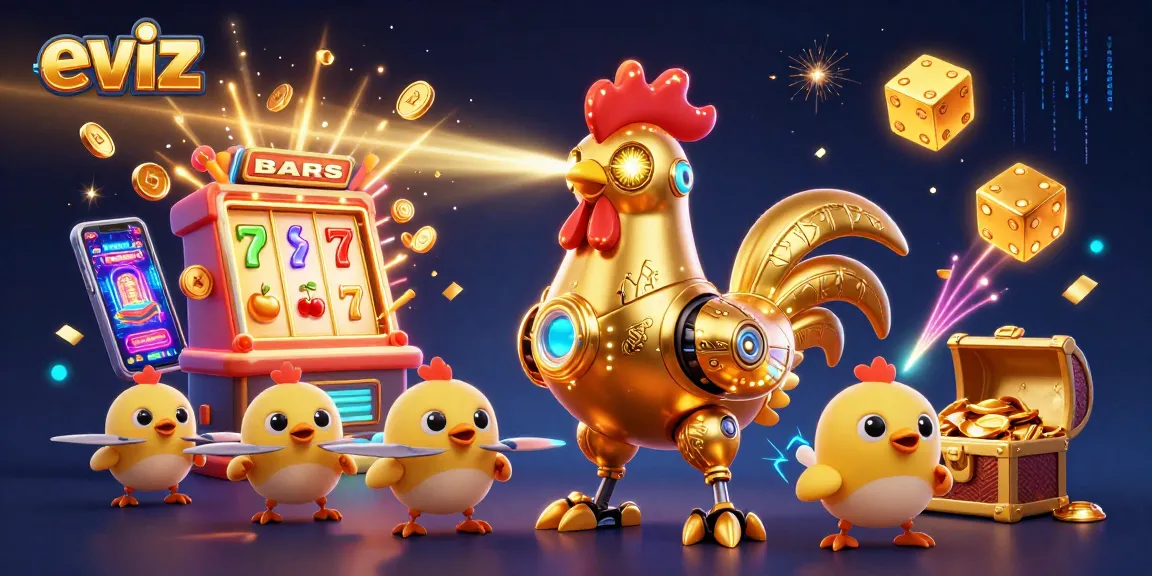 Eviz showcases a golden rooster robot and chick drones celebrating wins at top online casinos.
