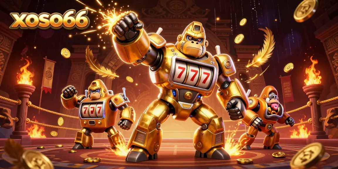 xoso66 explores a dynamic scene with a golden gorilla mech and captivating casino elements.