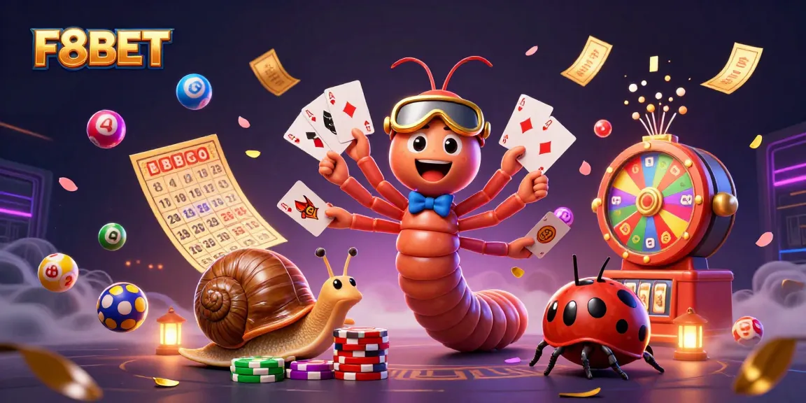Experience the excitement at F8BET with a vibrant 3D casino scene featuring colorful lottery elements and quirky characters.