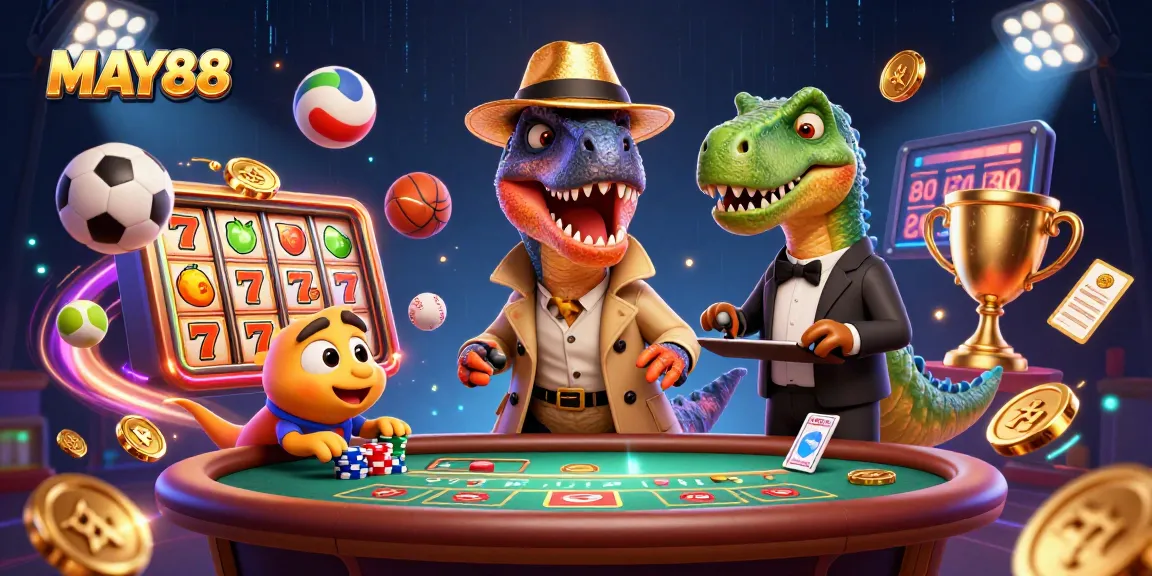 MAY88 showcases a vibrant casino scene with a sneaky velociraptor card counter and stegosaurus pit boss.