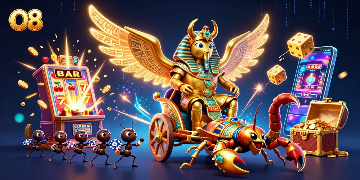 Experience the thrill of O8 with a vibrant 3D casino scene featuring golden characters and dynamic gaming elements.