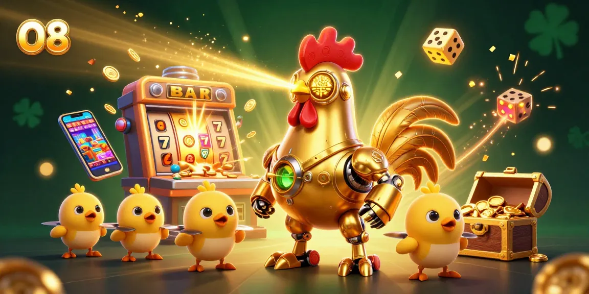 Engage with O8's thrilling casino experience featuring golden rooster robot and jackpot excitement.