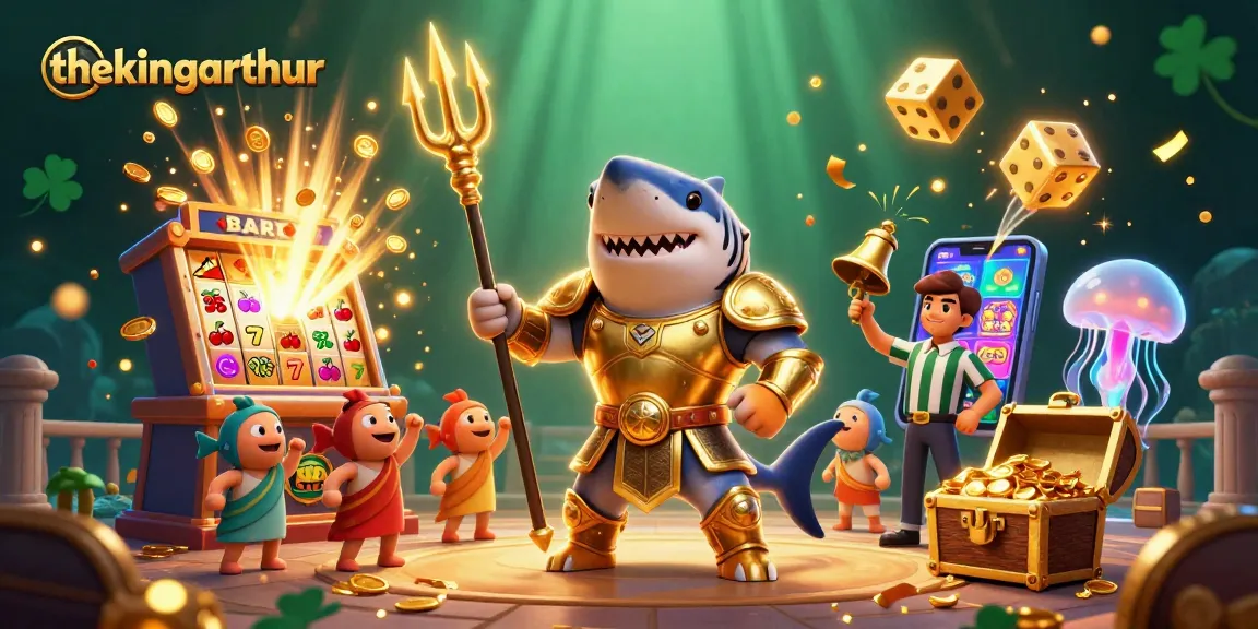 thekingarthur showcases a vibrant underwater casino scene featuring a tiger shark and slot machines.