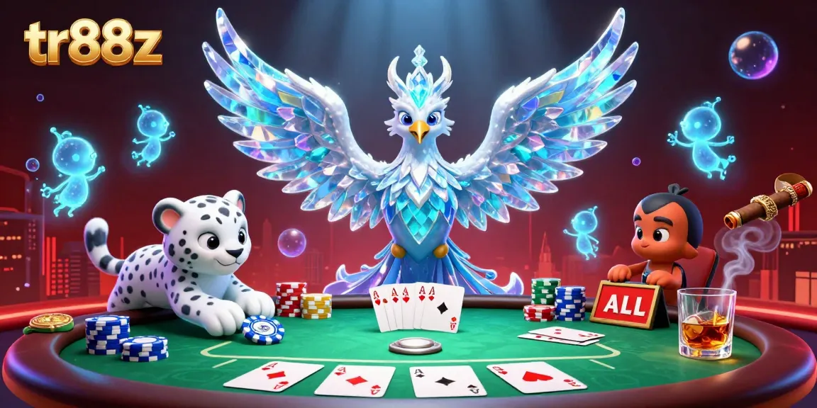 Experience thrilling poker action with tr88z's vibrant scene featuring an ice phoenix and poker elements.