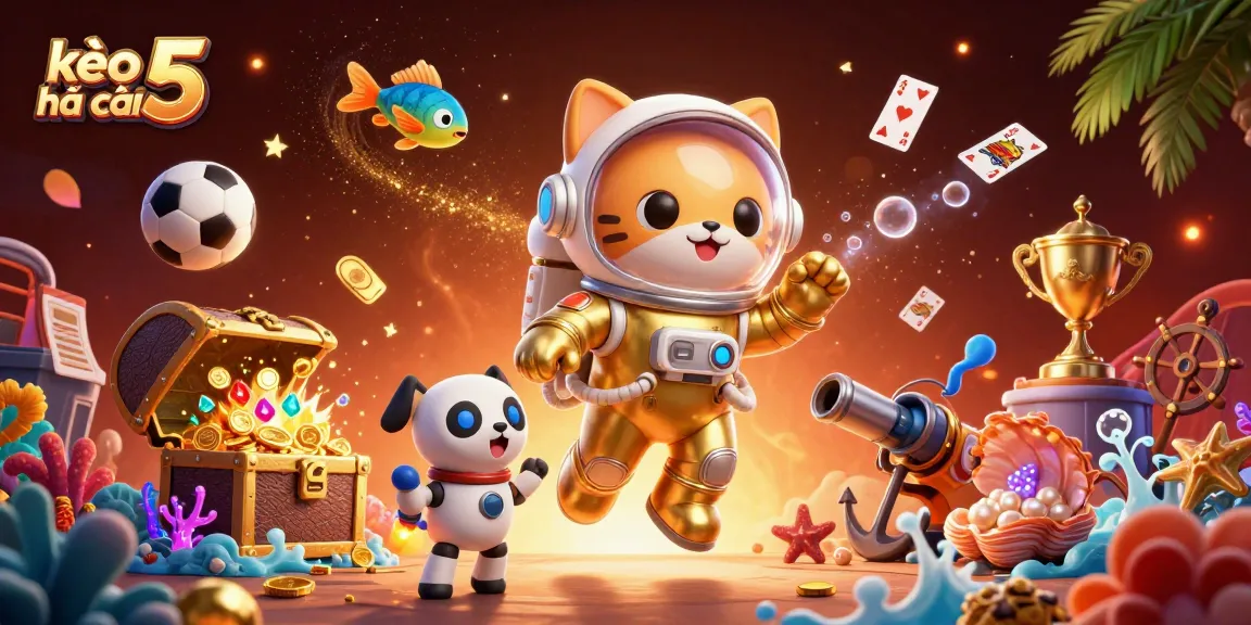 Engage in winning strategies with kèo nhà cái 5, featuring a vibrant scene with floating sports elements and a cat astronaut.