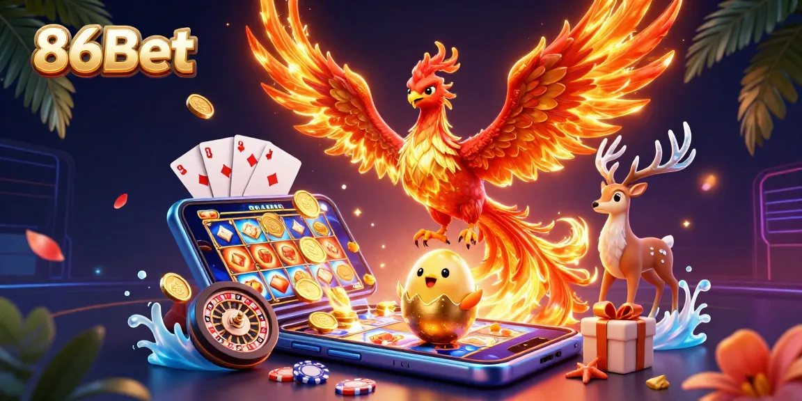 Engage in thrilling gaming action with 86Bet, featuring a vibrant scene of fortune and excitement.